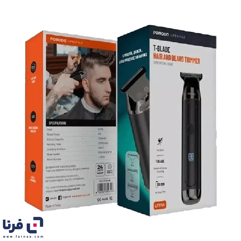ابعاد و بستهبندی ماشین اصلاح سر و صورت شارژی پرودو Lifestyle T-Blade مدل PDLFST154BK با سه شانه