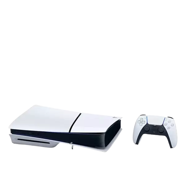 کنسول بازی سونی مدل Sony PlayStation 5 Slim Standard اسلیم دیسک خور ریجن اروپا در حالت خوابیده با کنترلر