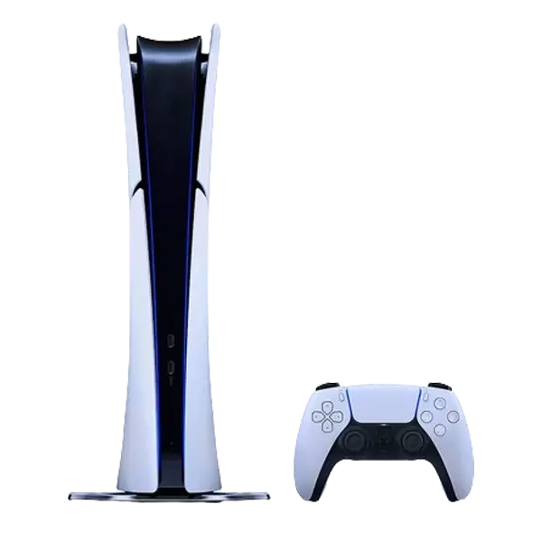 نمای روبرو کنسول بازی سونی مدل Sony PlayStation 5 Slim اسلیم دیجیتال ریجن آسیا حالت ایستاده با کنترلر