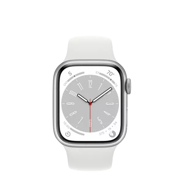نمای روبرو ساعت هوشمند اپل واچ سری 8 آلومینیوم سایز 45 میلی متر رنگ نقره‌ای