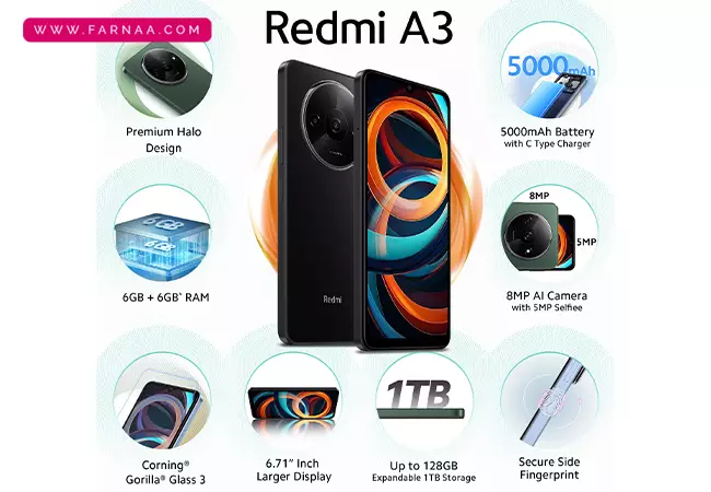 گوشی موبایل شیائومی Redmi A3 ظرفیت 64 رم 3 گیگابایت