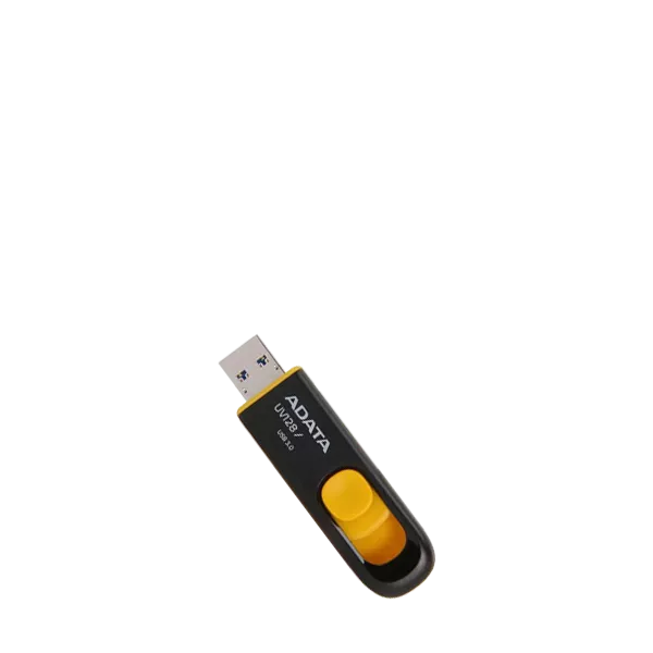 نمای نیم رخ چپ فلش مموری ای دیتا مدل UV128 ظرفیت 64 گیگابایت مشکی زرد