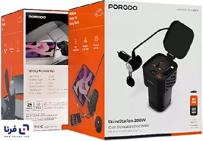 بسته‌بندی اینورتر برق خودرو پرودو مدل PDCI103BK توان 200 وات همراه با کابل کشویی