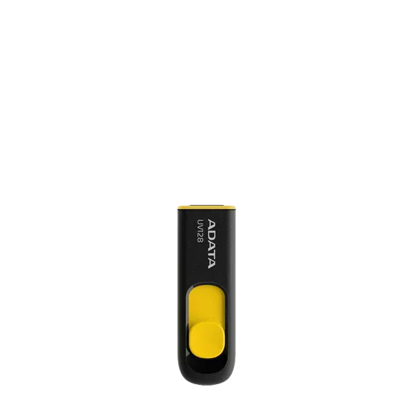 نمای روبرو فلش مموری ای دیتا مدل UV128 ظرفیت 64 گیگابایت مشکی زرد