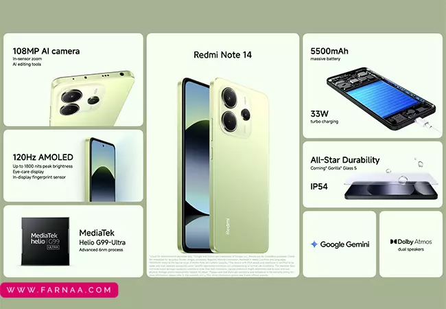 گوشی شیائومی Redmi Note 14 4G با ظرفیت 256 رم 8 گیگابایت (پک گلوبال)