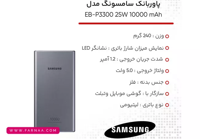پاوربانک سامسونگ مدل EB-P3400 ظرفیت 10000 میلیآمپر ساعت