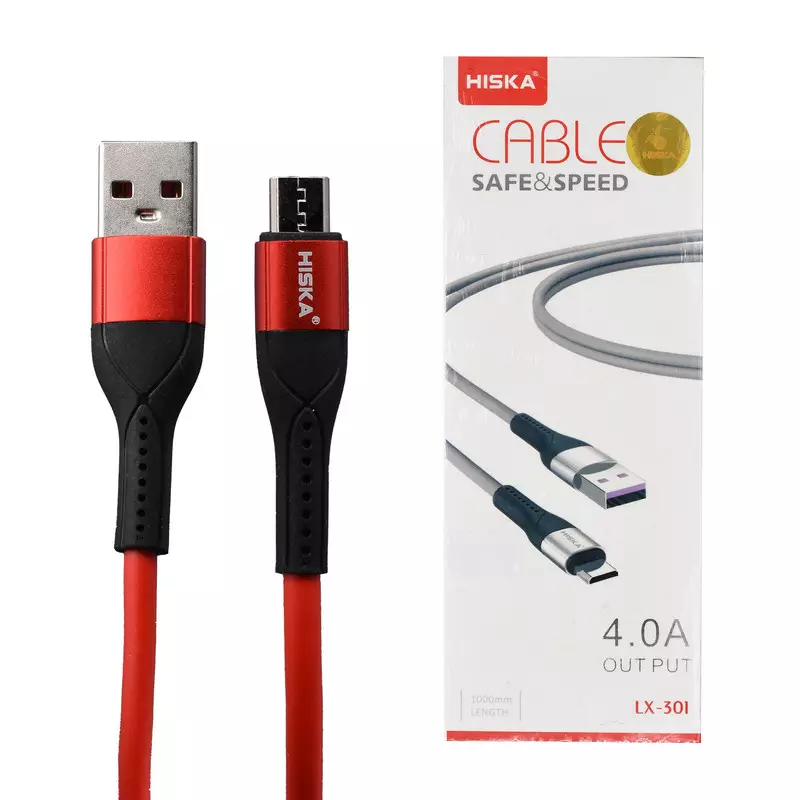 کابل تبدیل USB به Micro USB هیسکا مدل LX-301 طول 1 متر در کنار جعبه کابل تبدیل