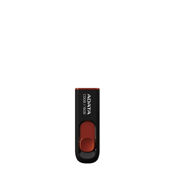نمای روبرو فلش مموری ای دیتا مدل C008 ظرفیت 64 گیگابایت مشکی قرمز