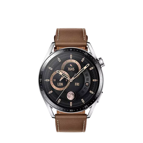 نمای روبرو ساعت هوشمند هواوی مدل Watch GT3 46mm قهوه‌ای