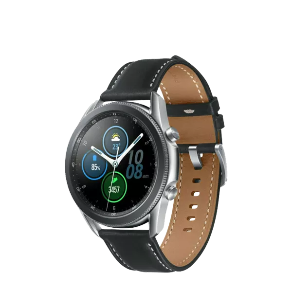 نیم رخ راست ساعت هوشمند سامسونگ مدل Galaxy Watch3 سایز 45 میلی متر نقره ای