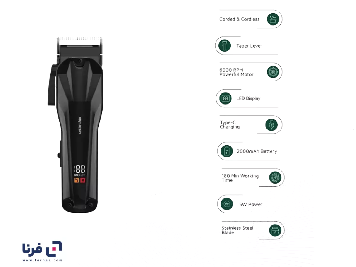 ویژگیها و باتری ماشین اصلاح حرفهای بی سیم گرین لاین مدل Clip Pro GNCLIPP5WBK