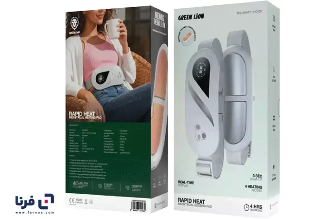 بستهبندی و ظاهر ماساژور گرمایشی و تسکین دهنده دوران قاعدگی گرین لاین مدل GNRPDMEPADWH