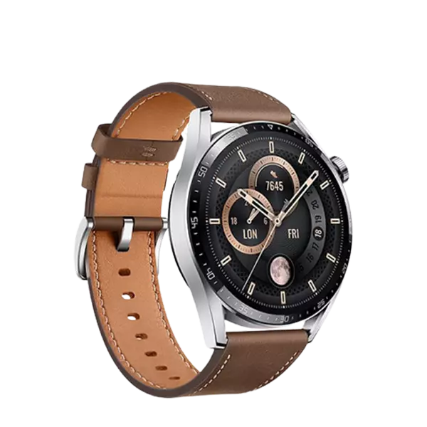 نمای جلو سمت چپ ساعت هوشمند هواوی مدل Watch GT3 46mm قهوه‌ای