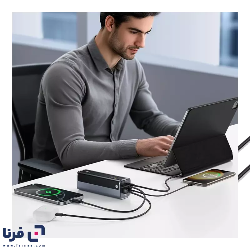 تعداد درگاه  پاوربانک بیسوس مدل entergeek gp12 145w ظرفیت 20800 میلی آمپر ساعت  مشکی