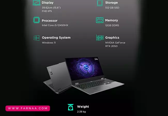 لپ‌تاپ 15.6 اینچی لنوو مدل LOQ 15IAX9 i5 12450HX 16GB DDR5 512GB SSD RTX2050 FHD