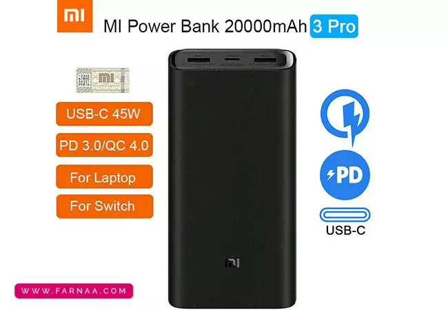 پاوربانک شیائومی مدل Xiaomi Mi Power Bank 3 Pro ظرفیت ۲۰۰۰۰ میلی‌آمپر ساعت