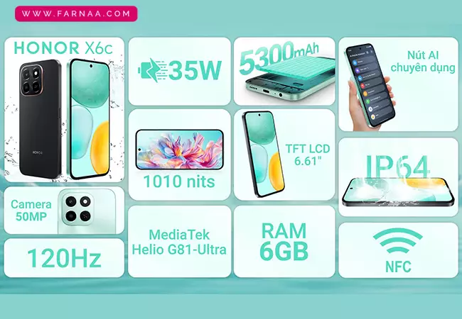 گوشی موبایل آنر X6c ظرفیت ۱۲۸ گیگابایت رم ۶ گیگابایت