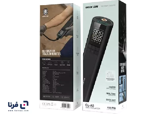 بسته‌بندی پمپ باد خودرو و دوچرخه گرین لاین مدل GL-A3 با فشار 150 PSI