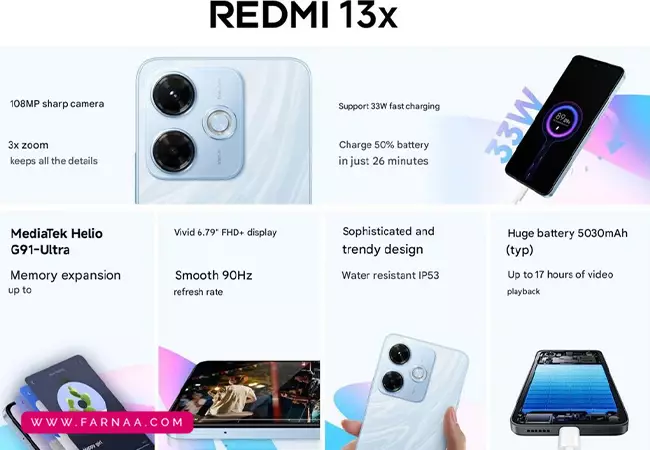 گوشی موبایل شیائومی Redmi 13x با ظرفیت 256 گیگ و رم 8 گیگابایت